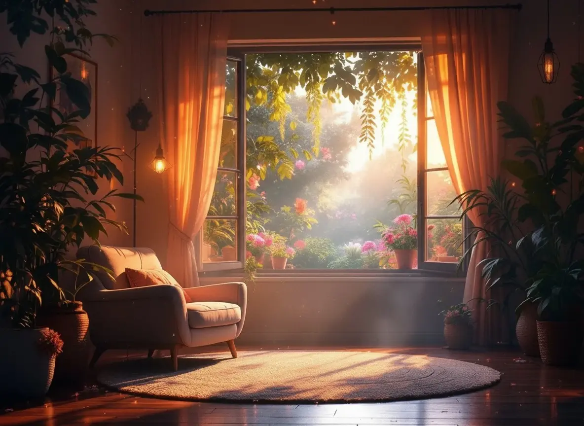 intérieur lumineux avec légère brume de vaporisation, fenêtre entrouverte